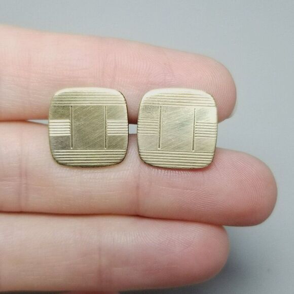 Vintage Square Pin Stripe Yellow Gold Filled Bullet Back Cufflinks, Campus - Picture 2 of 8